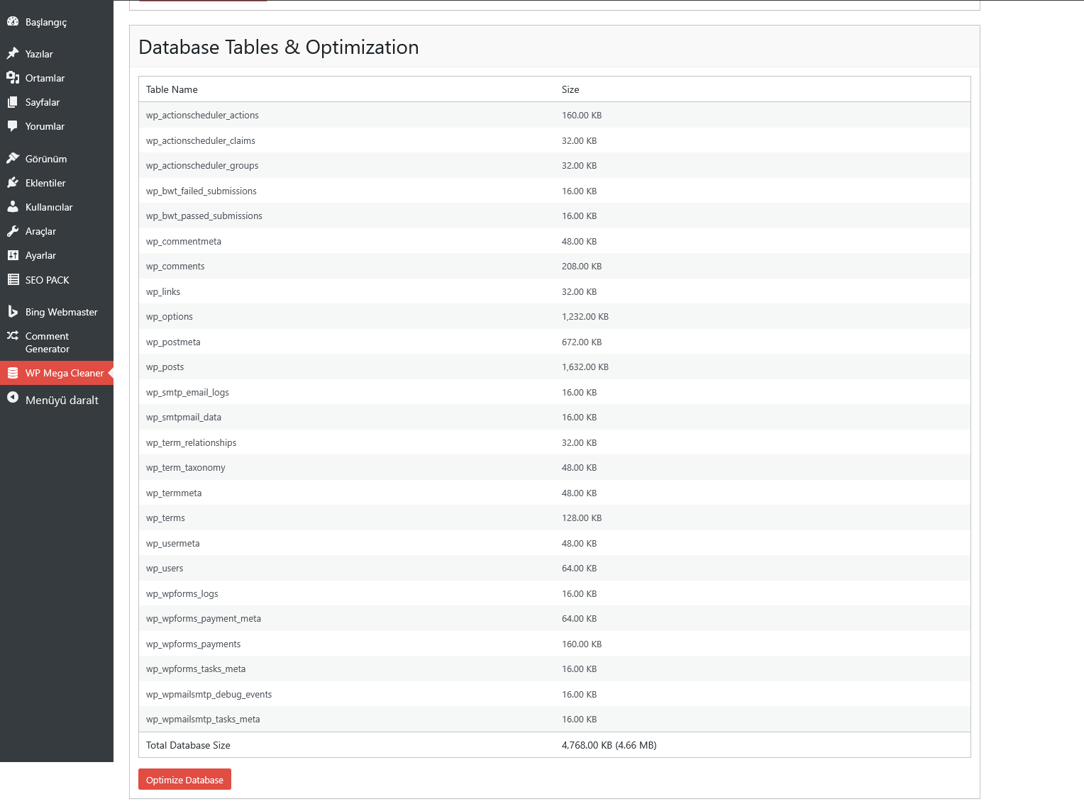 WP Mega Cleaner - Ekran Görüntüsü 4